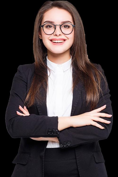 A woman wearing glasses and a business suit, symbolizing excellence in digital marketing in Noida